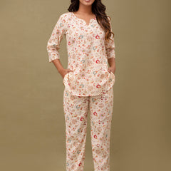 White Printed Cotton Night Suit with V-Neck Kurti & Ankle-Length Pants