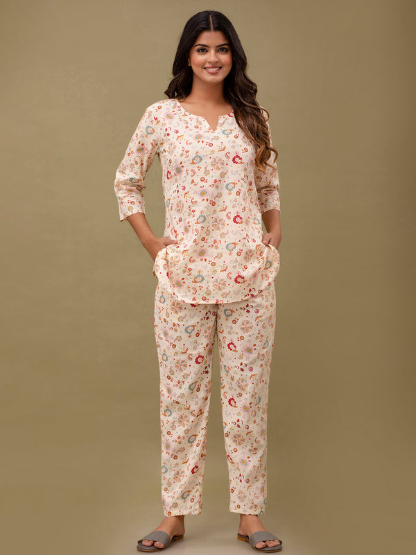 White Printed Cotton Night Suit with V-Neck Kurti & Ankle-Length Pants