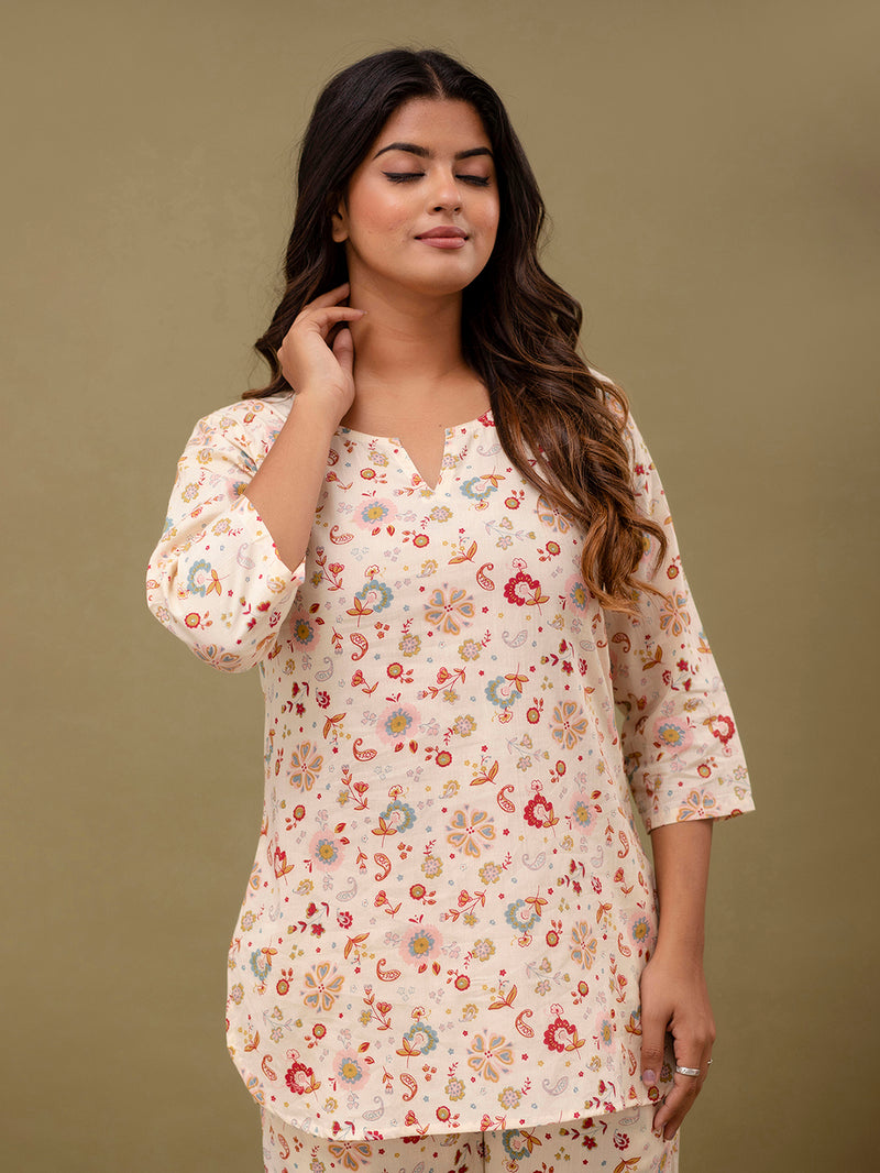 White Printed Cotton Night Suit with V-Neck Kurti & Ankle-Length Pants