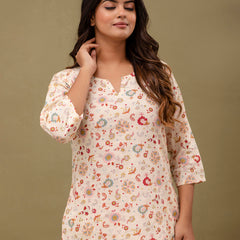 White Printed Cotton Night Suit with V-Neck Kurti & Ankle-Length Pants