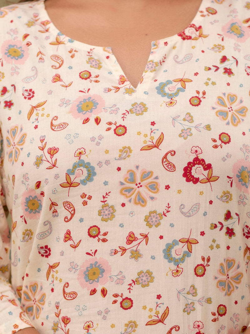 White Printed Cotton Night Suit with V-Neck Kurti & Ankle-Length Pants