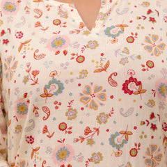 White Printed Cotton Night Suit with V-Neck Kurti & Ankle-Length Pants