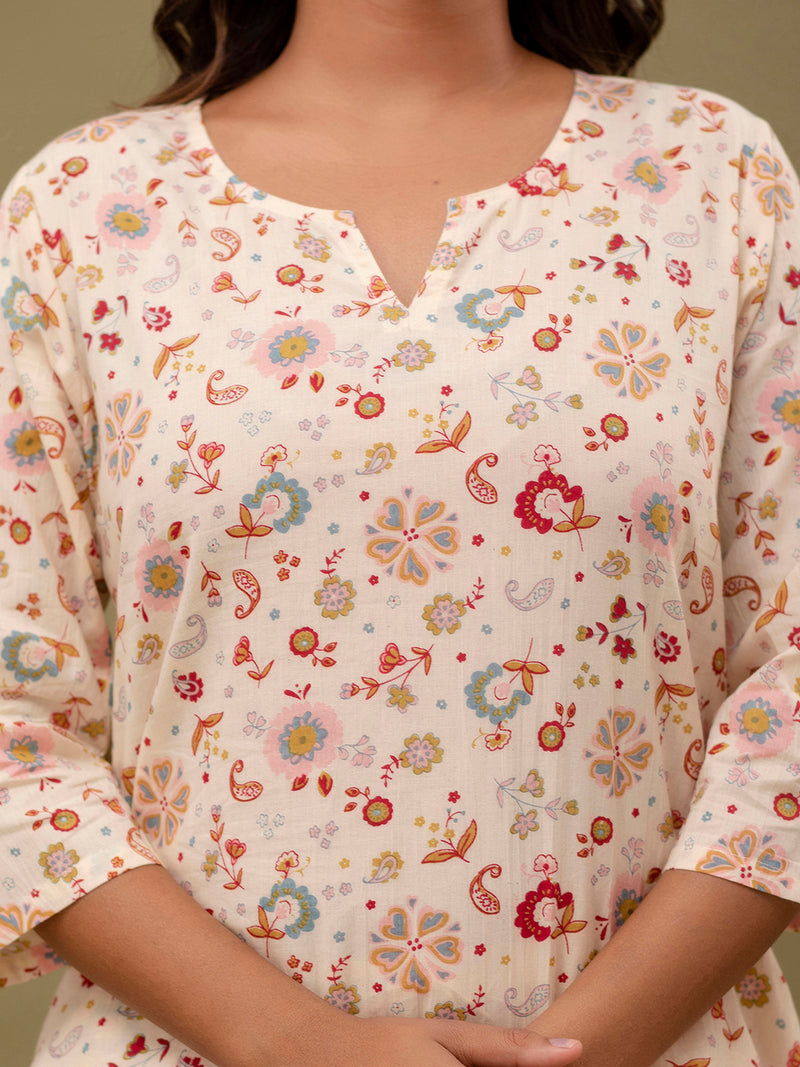 White Printed Cotton Night Suit with V-Neck Kurti & Ankle-Length Pants