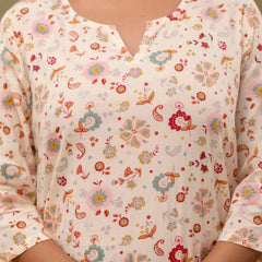 White Printed Cotton Night Suit with V-Neck Kurti & Ankle-Length Pants