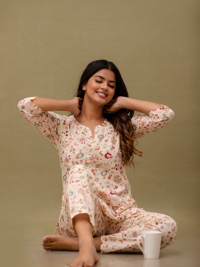 White Printed Cotton Night Suit with V-Neck Kurti & Ankle-Length Pants