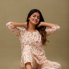 White Printed Cotton Night Suit with V-Neck Kurti & Ankle-Length Pants