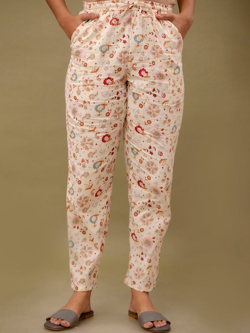 White Printed Cotton Night Suit with V-Neck Kurti & Ankle-Length Pants