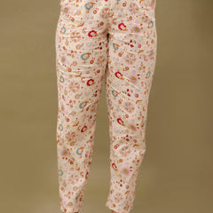 White Printed Cotton Night Suit with V-Neck Kurti & Ankle-Length Pants