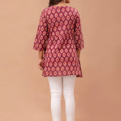 Floral Printed V-Neck Pure Cotton Angrakha A-Line