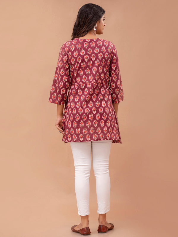 Floral Printed V-Neck Pure Cotton Angrakha A-Line
