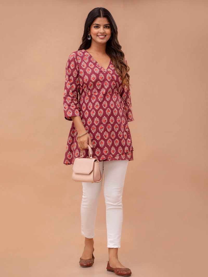 Floral Printed V-Neck Pure Cotton Angrakha A-Line