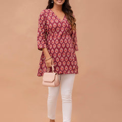 Floral Printed V-Neck Pure Cotton Angrakha A-Line