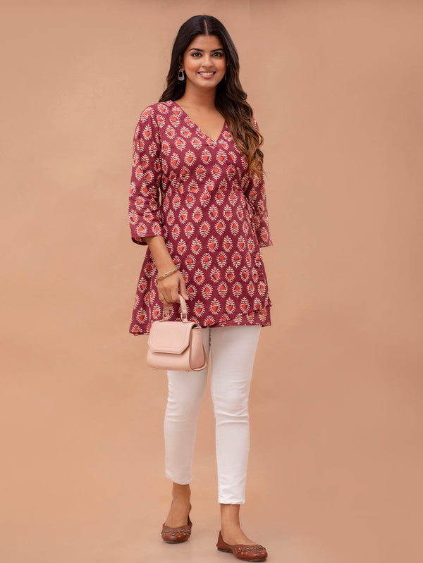 Floral Printed V-Neck Pure Cotton Angrakha A-Line