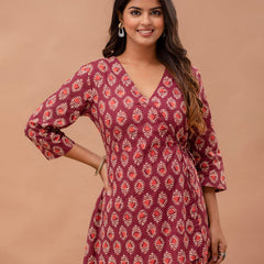 Floral Printed V-Neck Pure Cotton Angrakha A-Line