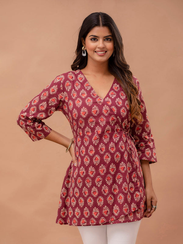 Floral Printed V-Neck Pure Cotton Angrakha A-Line