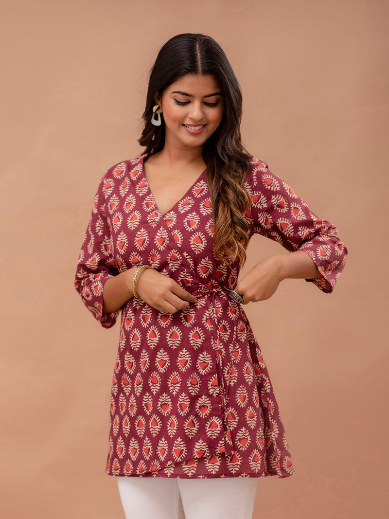 Floral Printed V-Neck Pure Cotton Angrakha A-Line
