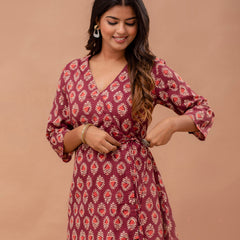 Floral Printed V-Neck Pure Cotton Angrakha A-Line