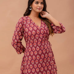Floral Printed V-Neck Pure Cotton Angrakha A-Line