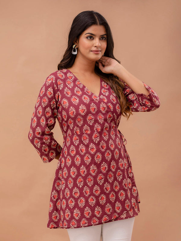Floral Printed V-Neck Pure Cotton Angrakha A-Line