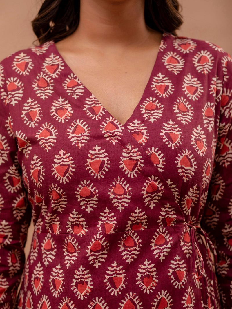 Floral Printed V-Neck Pure Cotton Angrakha A-Line