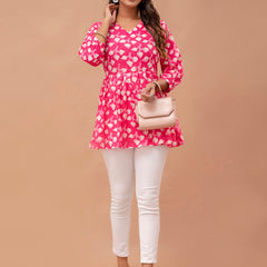 Floral Printed V-Neck Pure Cotton Pleated A-Line Kurti