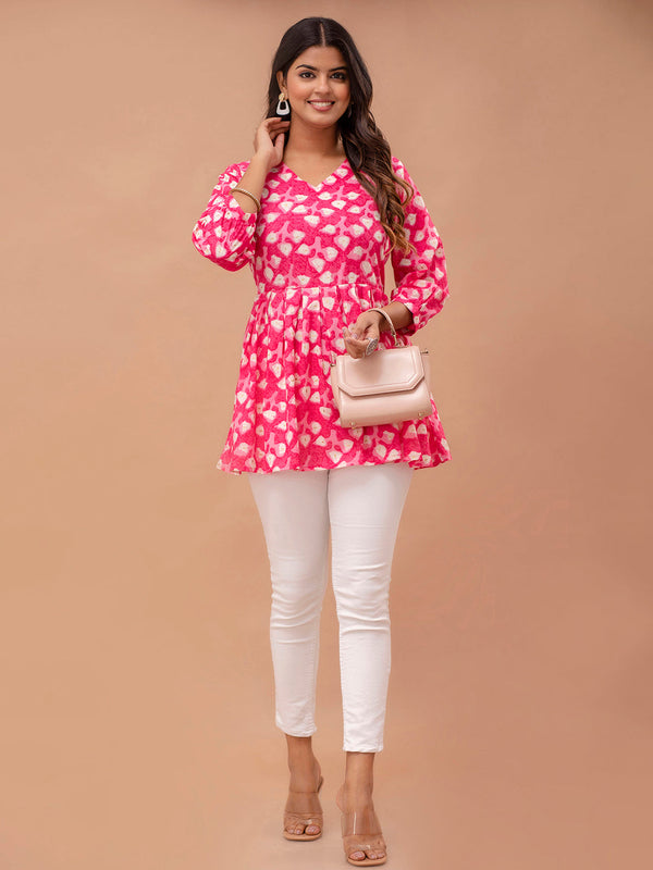 Floral Printed V-Neck Pure Cotton Pleated A-Line Kurti