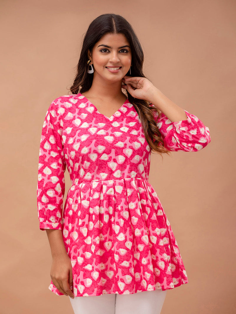 Floral Printed V-Neck Pure Cotton Pleated A-Line Kurti
