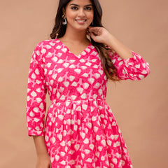 Floral Printed V-Neck Pure Cotton Pleated A-Line Kurti