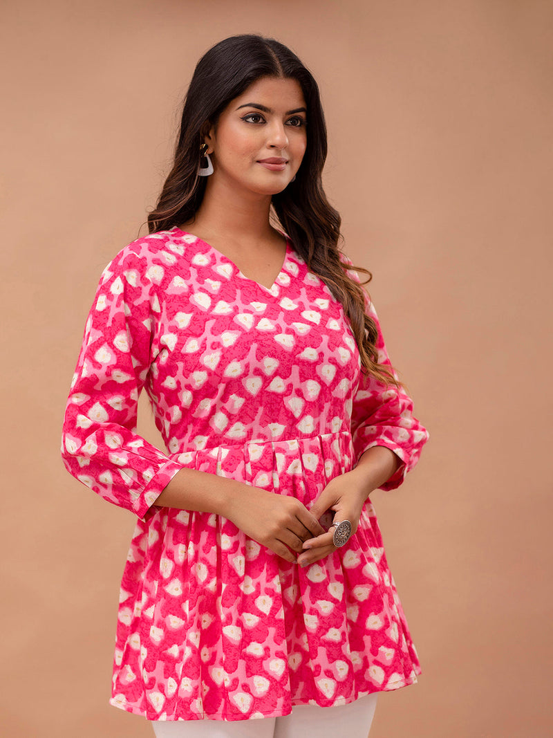Floral Printed V-Neck Pure Cotton Pleated A-Line Kurti