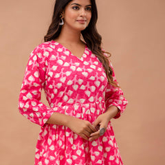 Floral Printed V-Neck Pure Cotton Pleated A-Line Kurti