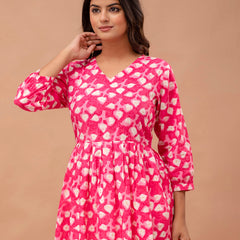 Floral Printed V-Neck Pure Cotton Pleated A-Line Kurti