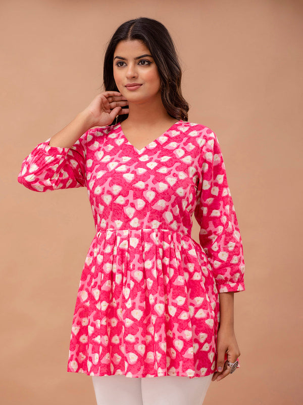 Floral Printed V-Neck Pure Cotton Pleated A-Line Kurti
