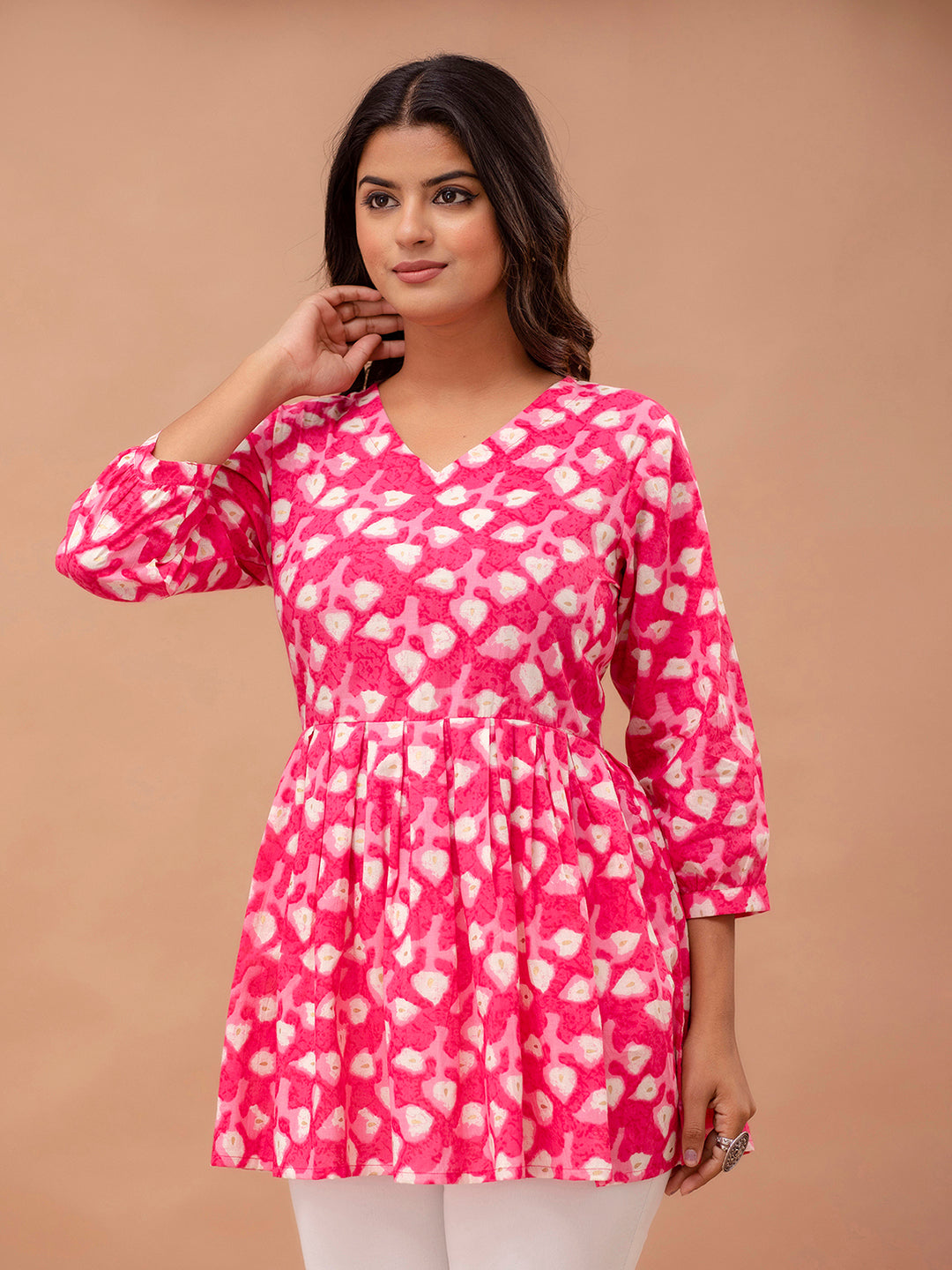 Floral Printed V-Neck Pure Cotton Pleated A-Line Kurti FRKT6297