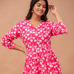 Floral Printed V-Neck Pure Cotton Pleated A-Line Kurti