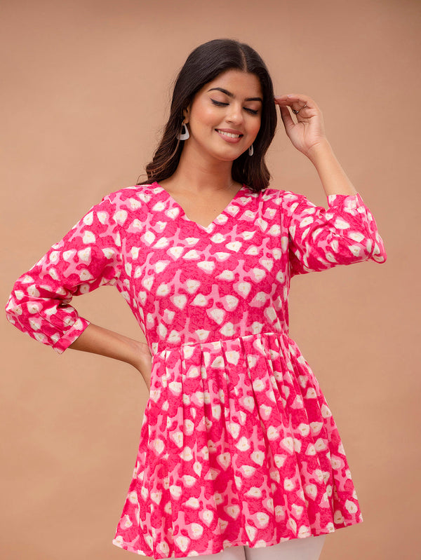 Floral Printed V-Neck Pure Cotton Pleated A-Line Kurti