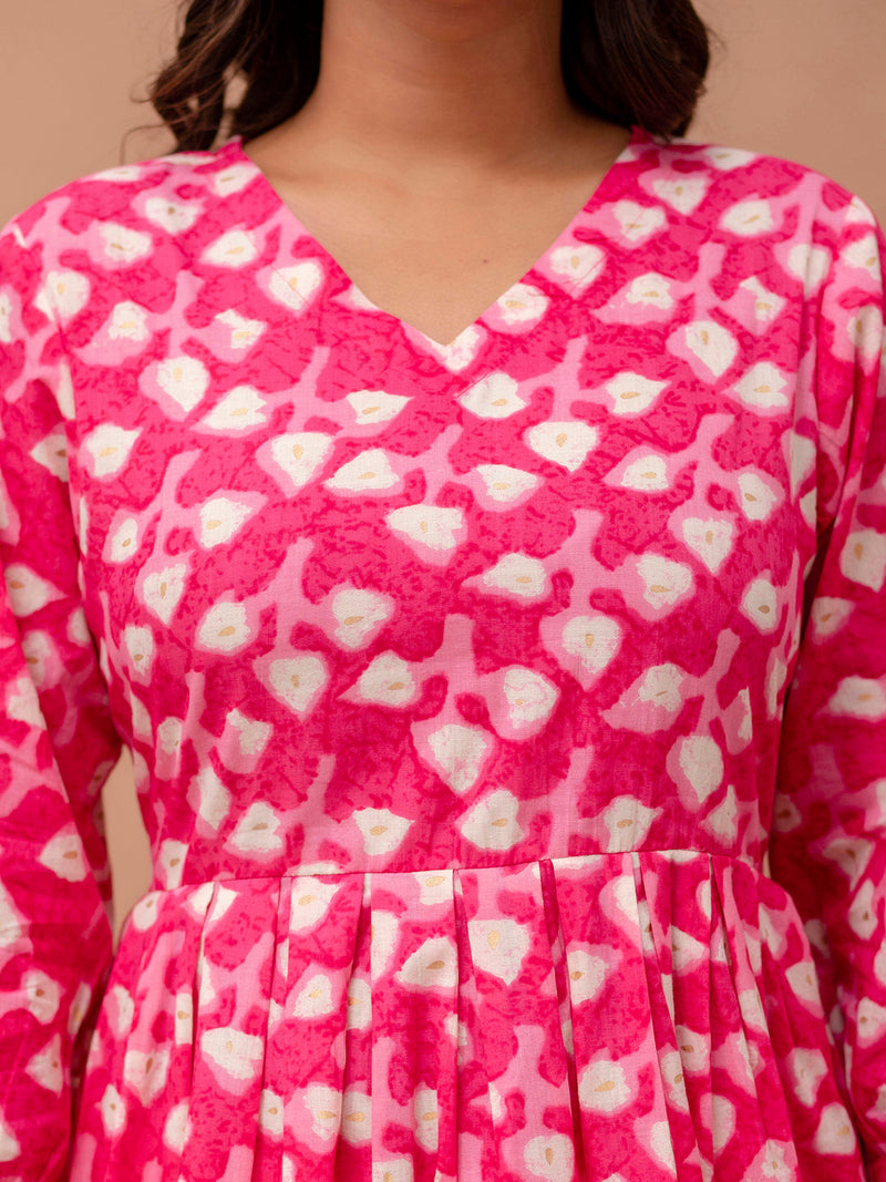 Floral Printed V-Neck Pure Cotton Pleated A-Line Kurti