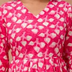 Floral Printed V-Neck Pure Cotton Pleated A-Line Kurti