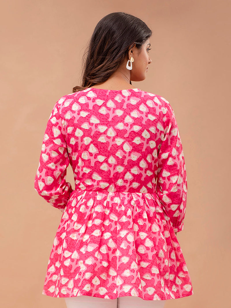 Floral Printed V-Neck Pure Cotton Pleated A-Line Kurti