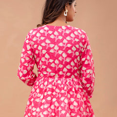 Floral Printed V-Neck Pure Cotton Pleated A-Line Kurti