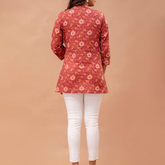Floral Printed Pure Cotton Pleated A-Line Kurti