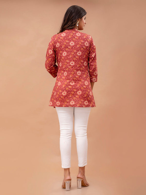 Floral Printed Pure Cotton Pleated A-Line Kurti