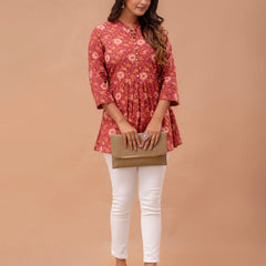 Floral Printed Pure Cotton Pleated A-Line Kurti