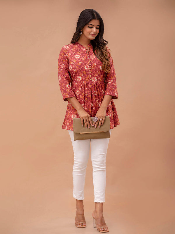 Floral Printed Pure Cotton Pleated A-Line Kurti