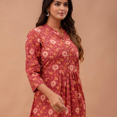Floral Printed Pure Cotton Pleated A-Line Kurti
