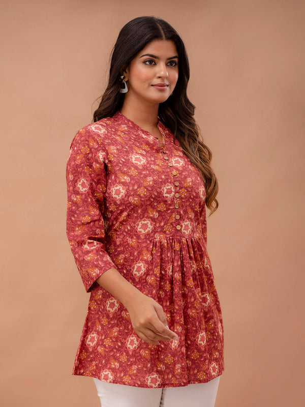 Floral Printed Pure Cotton Pleated A-Line Kurti