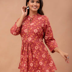Floral Printed Pure Cotton Pleated A-Line Kurti