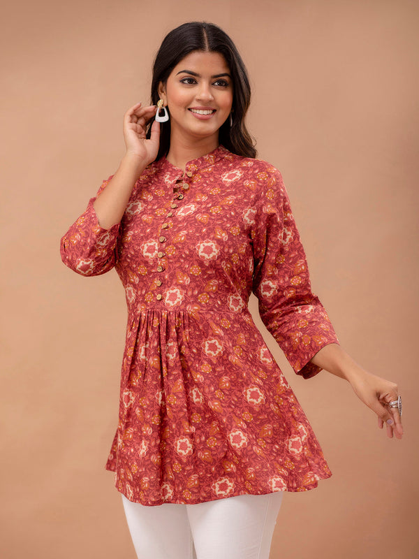 Floral Printed Pure Cotton Pleated A-Line Kurti