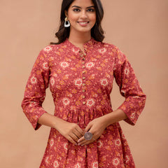 Floral Printed Pure Cotton Pleated A-Line Kurti
