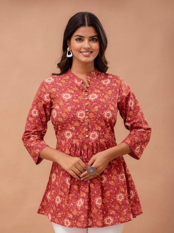 Floral Printed Pure Cotton Pleated A-Line Kurti