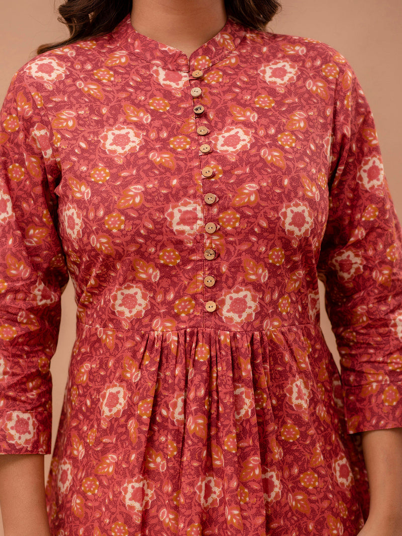 Floral Printed Pure Cotton Pleated A-Line Kurti